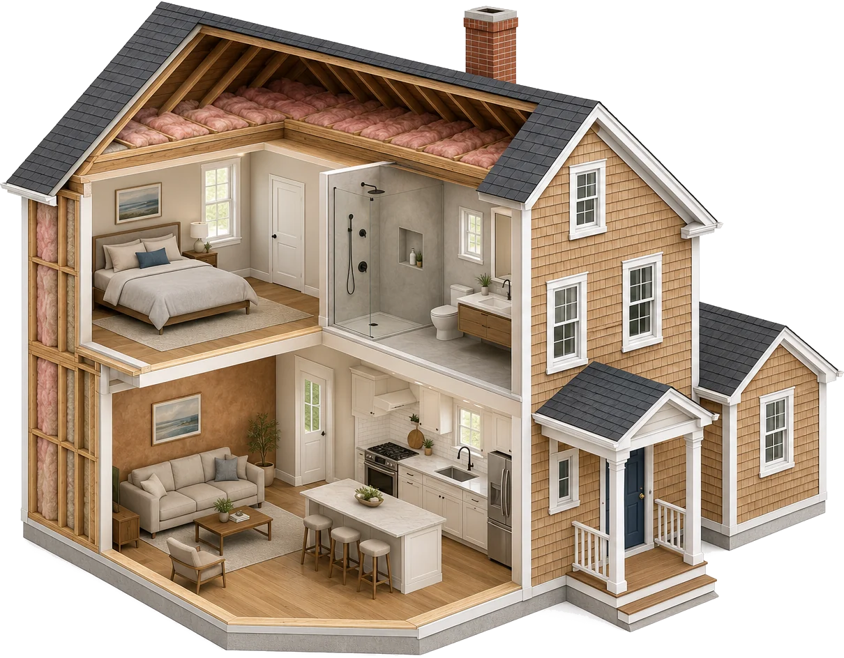 Cutaway view of a house showing where each service is done