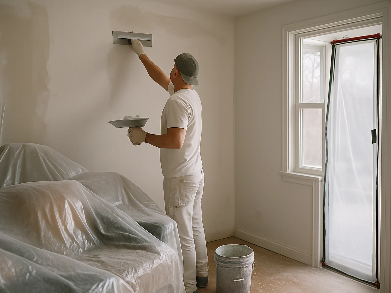 Crew skim coating a living room wall
