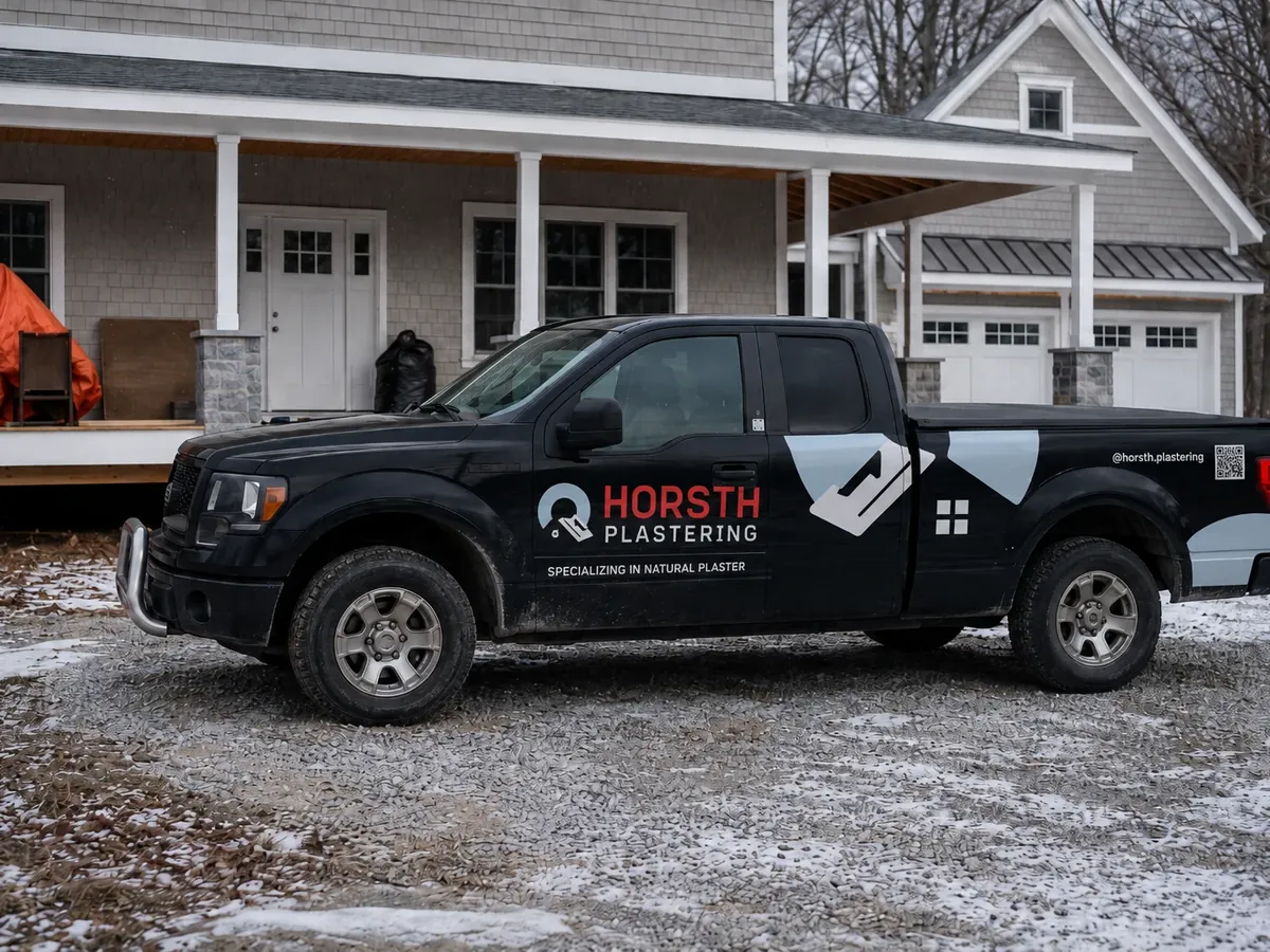 Horsth Plastering truck parked at a job site in Vermont