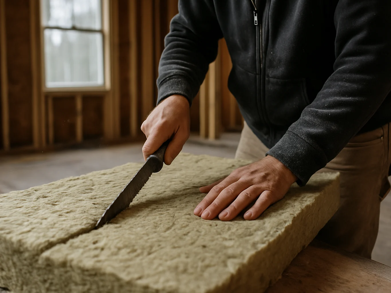 Crew working on mineral wool and acoustic insulation